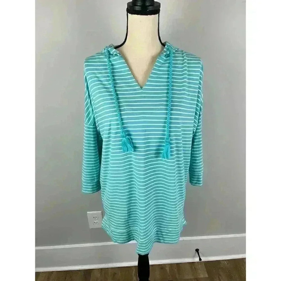 Sweaters - Coolibar Key Colony Beach Hoodie Blue Striped Tassel UPF 50 Stretch S